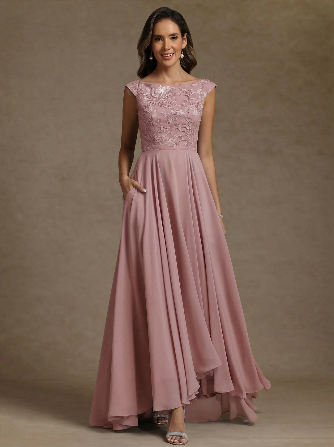 A-Line/Princess Scoop Chiffon Mother of the Bride Dresses Lace Sequins Floor-Length Sleeveless Pleated