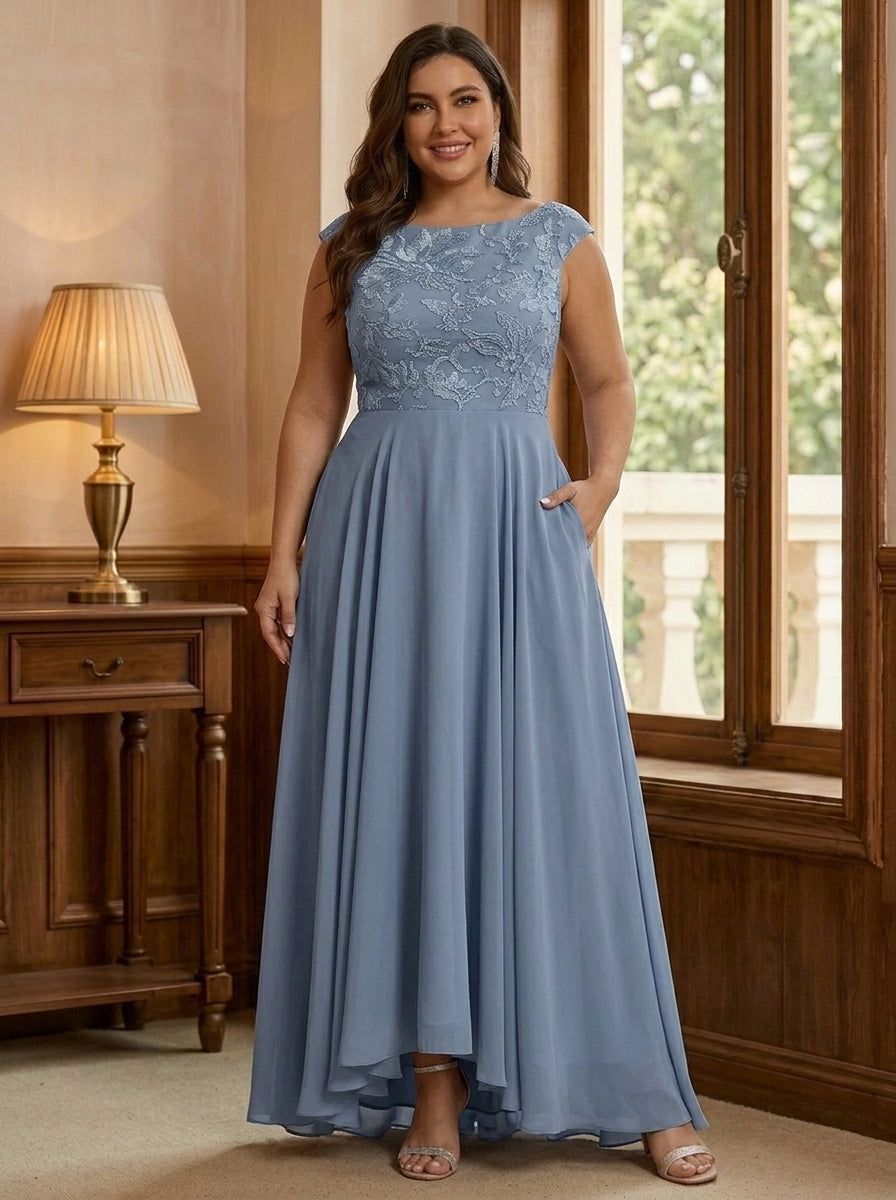 A-Line/Princess Scoop Chiffon Plus Size Mother of the Bride Dresses Lace Sequins Floor-Length Sleeveless Pleated