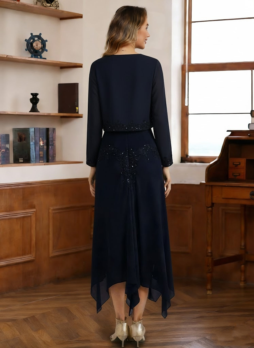 2 Pieces A-Line/Princess V-Neck Chiffon Mother of the Bride Dresses with Jacket Lace Sequins Tea-Length Long Sleeves