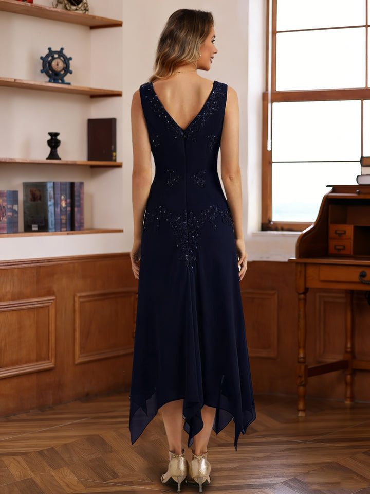 2 Pieces A-Line/Princess V-Neck Chiffon Mother of the Bride Dresses with Jacket Lace Sequins Tea-Length Long Sleeves