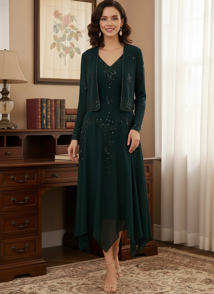 2 Pieces A-Line/Princess V-Neck Chiffon Mother of the Bride Dresses with Jacket Lace Sequins Tea-Length Long Sleeves
