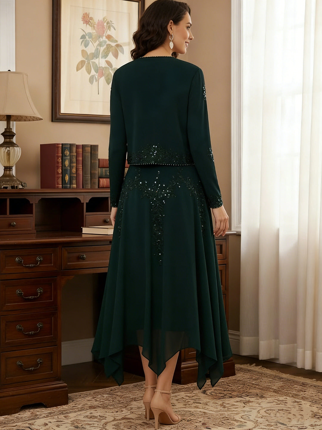 2 Pieces A-Line/Princess V-Neck Chiffon Mother of the Bride Dresses with Jacket Lace Sequins Tea-Length Long Sleeves