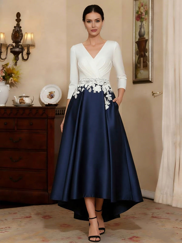 A-Line/Princess V-Neck Satin Mother of the Bride Dresses 3/4 Sleeves Floral Asymmetrical Ankle-Length Lace Ruched