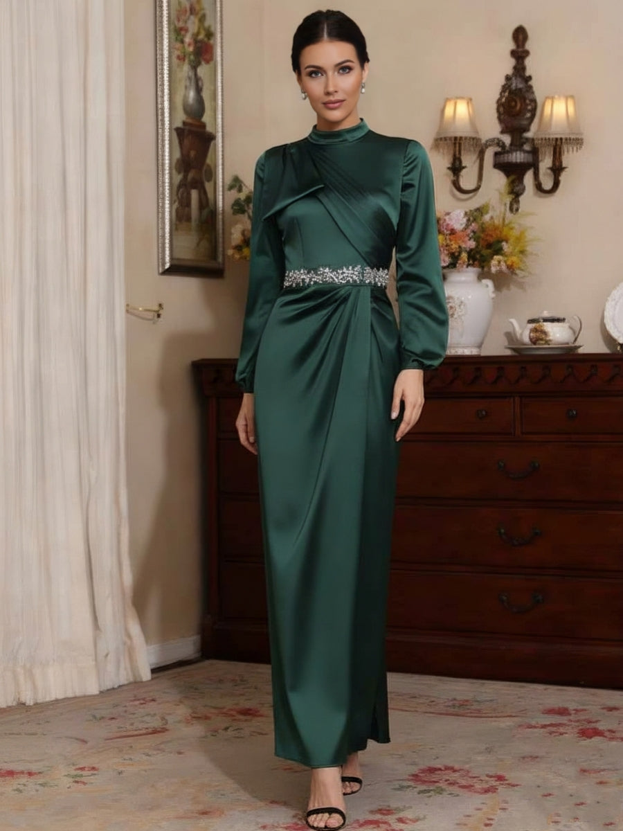 Sheath/Column High Neck Silk Satin Mother of the Bride Dresses Ankle-Length Belt Long Sleeves, Dark Green
