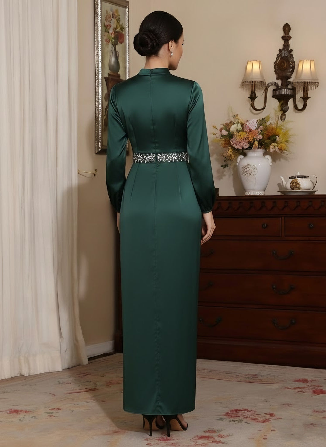 Sheath/Column High Neck Silk Satin Mother of the Bride Dresses Ankle-Length Belt Long Sleeves