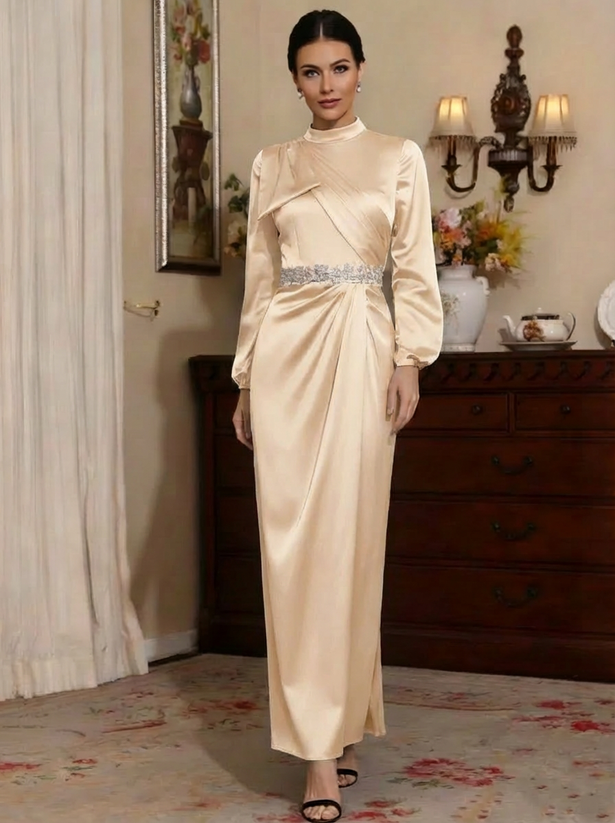 Sheath/Column High Neck Silk Satin Mother of the Bride Dresses Ankle-Length Belt Long Sleeves