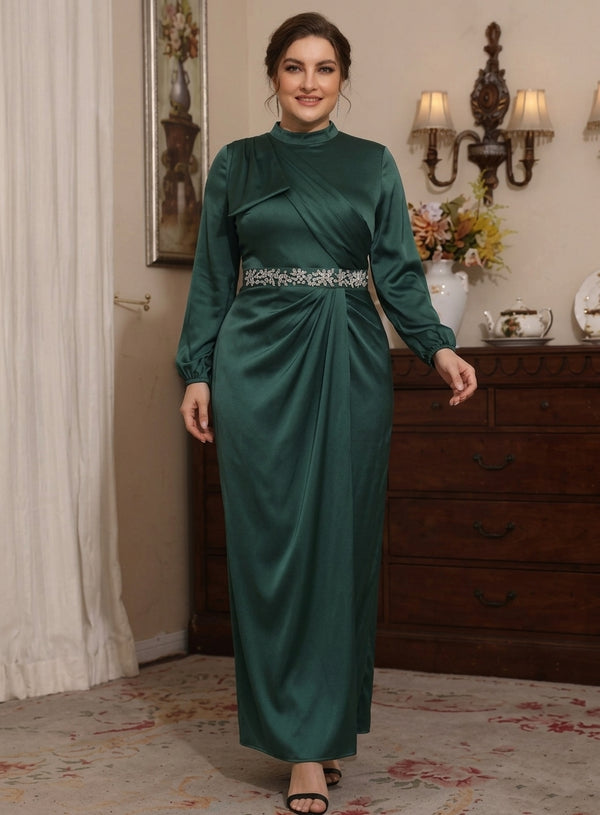 Sheath/Column High Neck Silk Satin Plus Size Mother of the Bride Dresses Ankle-Length Belt Long Sleeves