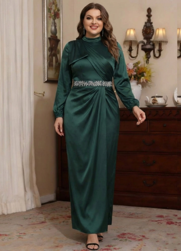 Sheath/Column High Neck Silk Satin Plus Size Mother of the Bride Dresses Ankle-Length Belt Long Sleeves