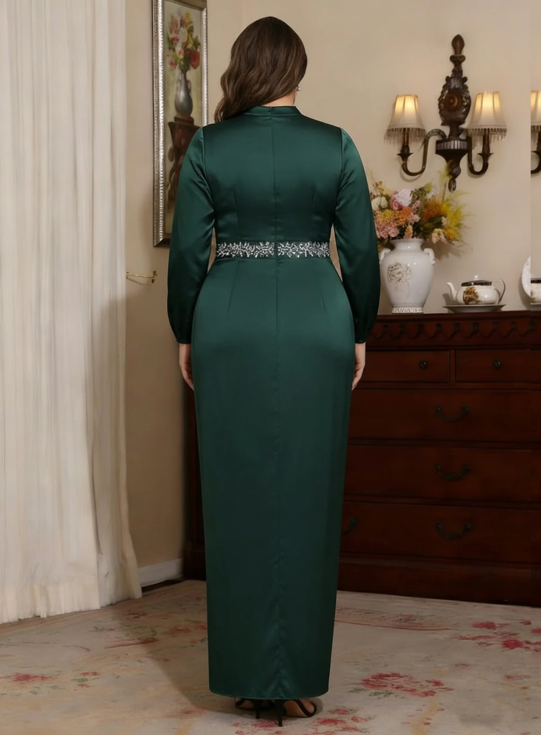 Sheath/Column High Neck Silk Satin Plus Size Mother of the Bride Dresses Ankle-Length Belt Long Sleeves