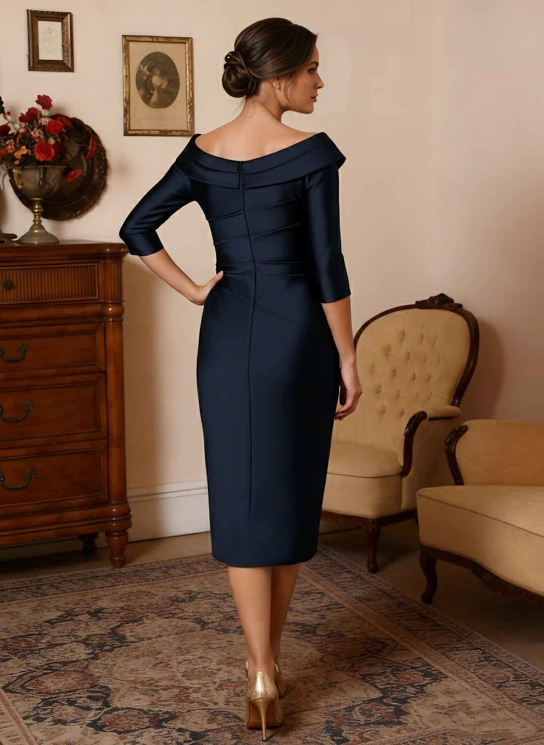 Sheath/Column V-Neck Satin Mother of the Bride Dresses 3/4 Sleeves Knee-Length Pleated