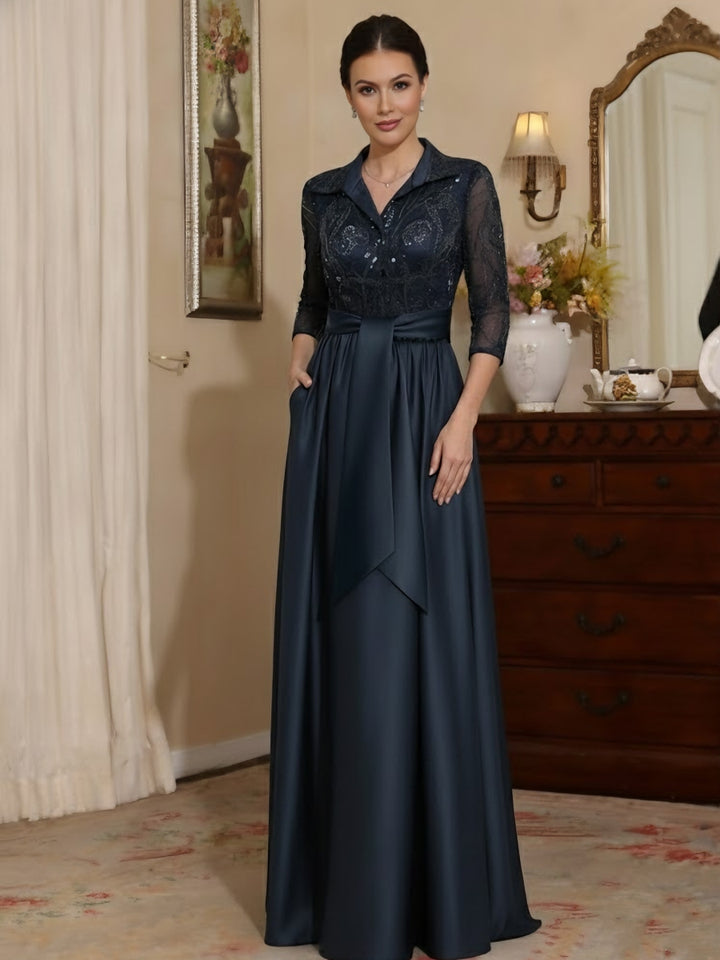 Sheath/Column V-Neck Satin Mother of the Bride Dresses 3/4 Sleeves With Pockets Floor-Length Lace Sequins