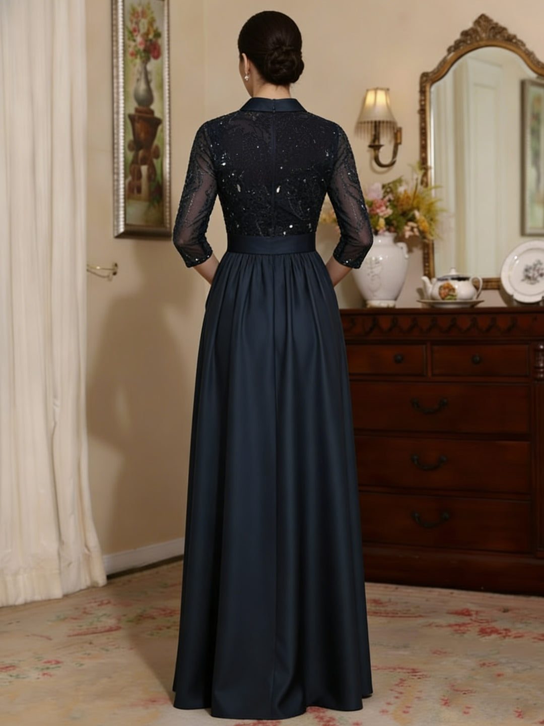 Sheath/Column V-Neck Satin Mother of the Bride Dresses 3/4 Sleeves With Pockets Floor-Length Lace Sequins