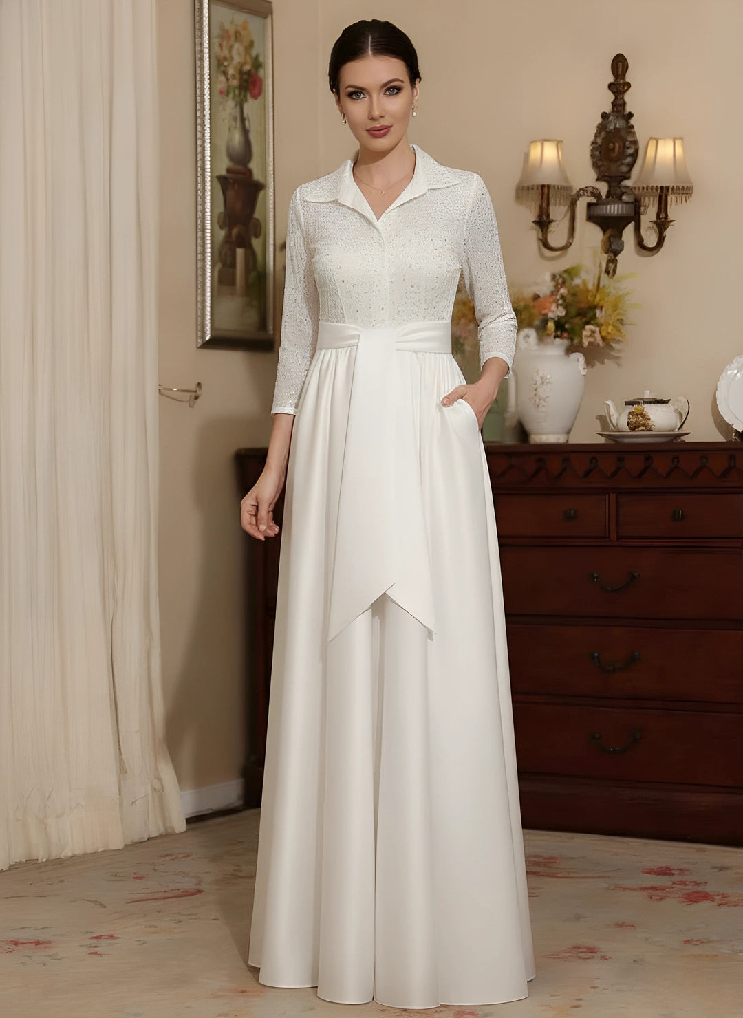 Sheath/Column V-Neck Satin Mother of the Bride Dresses 3/4 Sleeves With Pockets Floor-Length Lace Sequins