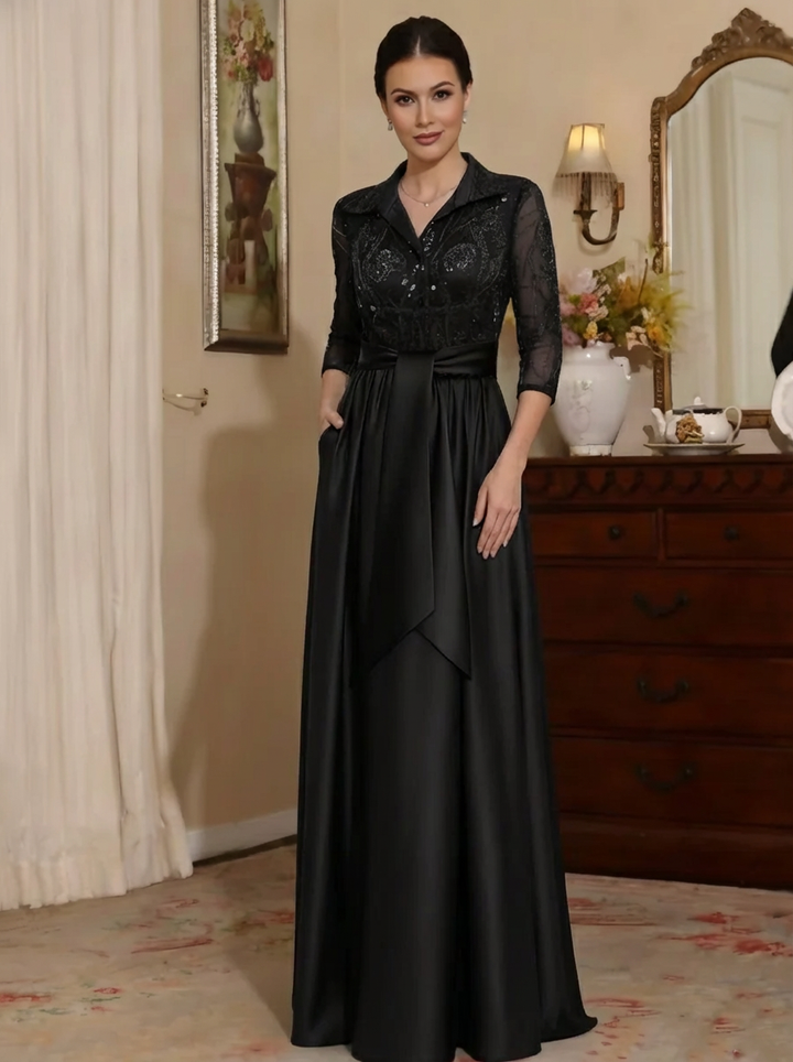 Sheath/Column V-Neck Satin Mother of the Bride Dresses 3/4 Sleeves With Pockets Floor-Length Lace Sequins