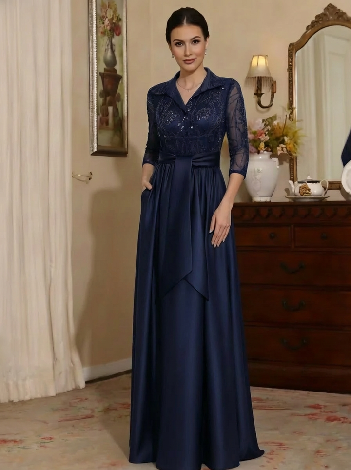 Sheath/Column V-Neck Satin Mother of the Bride Dresses 3/4 Sleeves With Pockets Floor-Length Lace Sequins