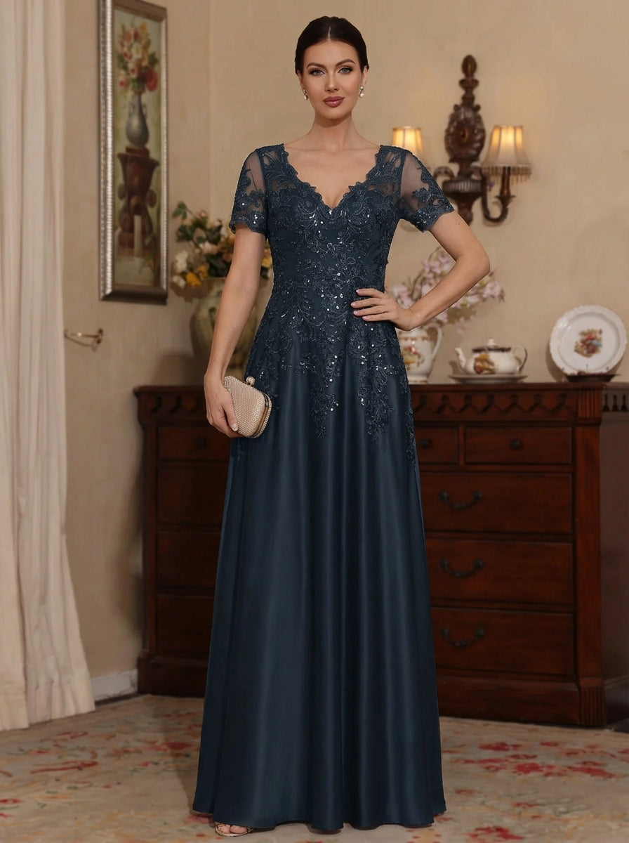 A-Line/Princess V-Neck Satin Mother of the Bride Dresses Short Sleeves Floor-Length Lace Sequins