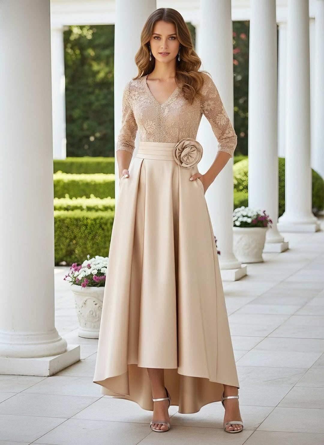 A-Line/Princess V-Neck Satin Mother of the Bride Dresses With Pocket 3/4 Sleeves Floral Asymmetrical Floor-Length Lace With 3D Flower, Light Champagne A-Line/Princess V-Neck Satin Mother of the Bride Dresses With Pocket 3/4 Sleeves Floral Asymmetrical Floor-Length Lace With 3D Flower, Light Champagne