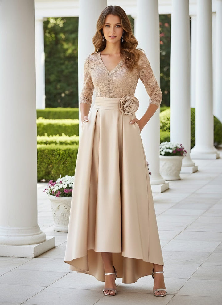 A-Line/Princess V-Neck Satin Mother of the Bride Dresses with Pocket 3/4 Sleeves Asymmetrical Floor-Length Lace With 3D Flower