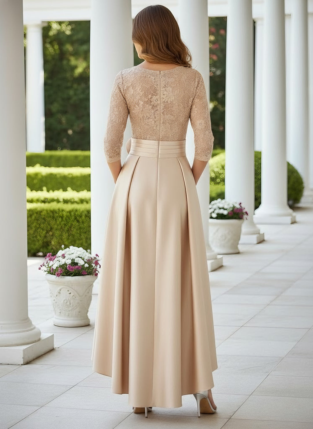 A-Line/Princess V-Neck Satin Mother of the Bride Dresses with Pocket 3/4 Sleeves Asymmetrical Floor-Length Lace With 3D Flower