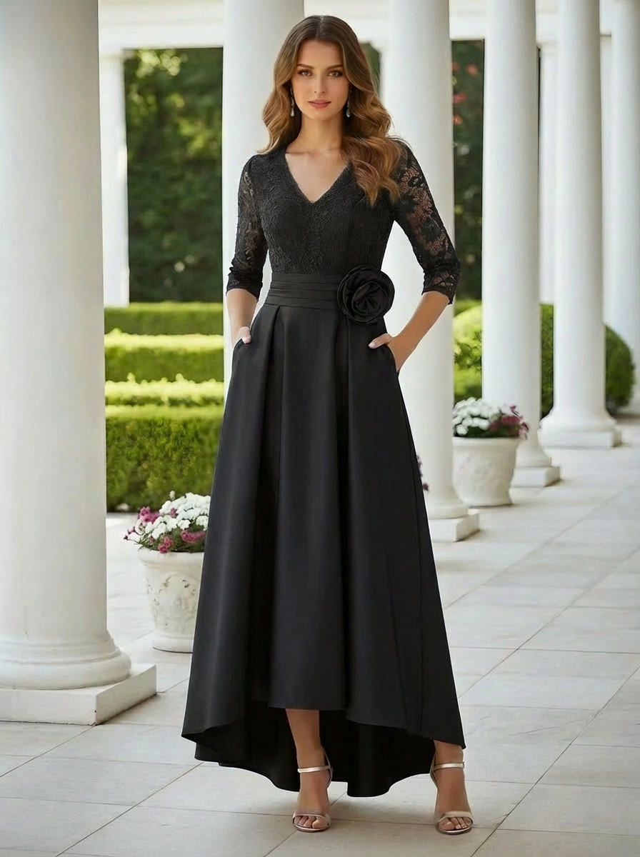 A-Line/Princess V-Neck Satin Mother of the Bride Dresses with Pocket 3/4 Sleeves Asymmetrical Floor-Length Lace With 3D Flower