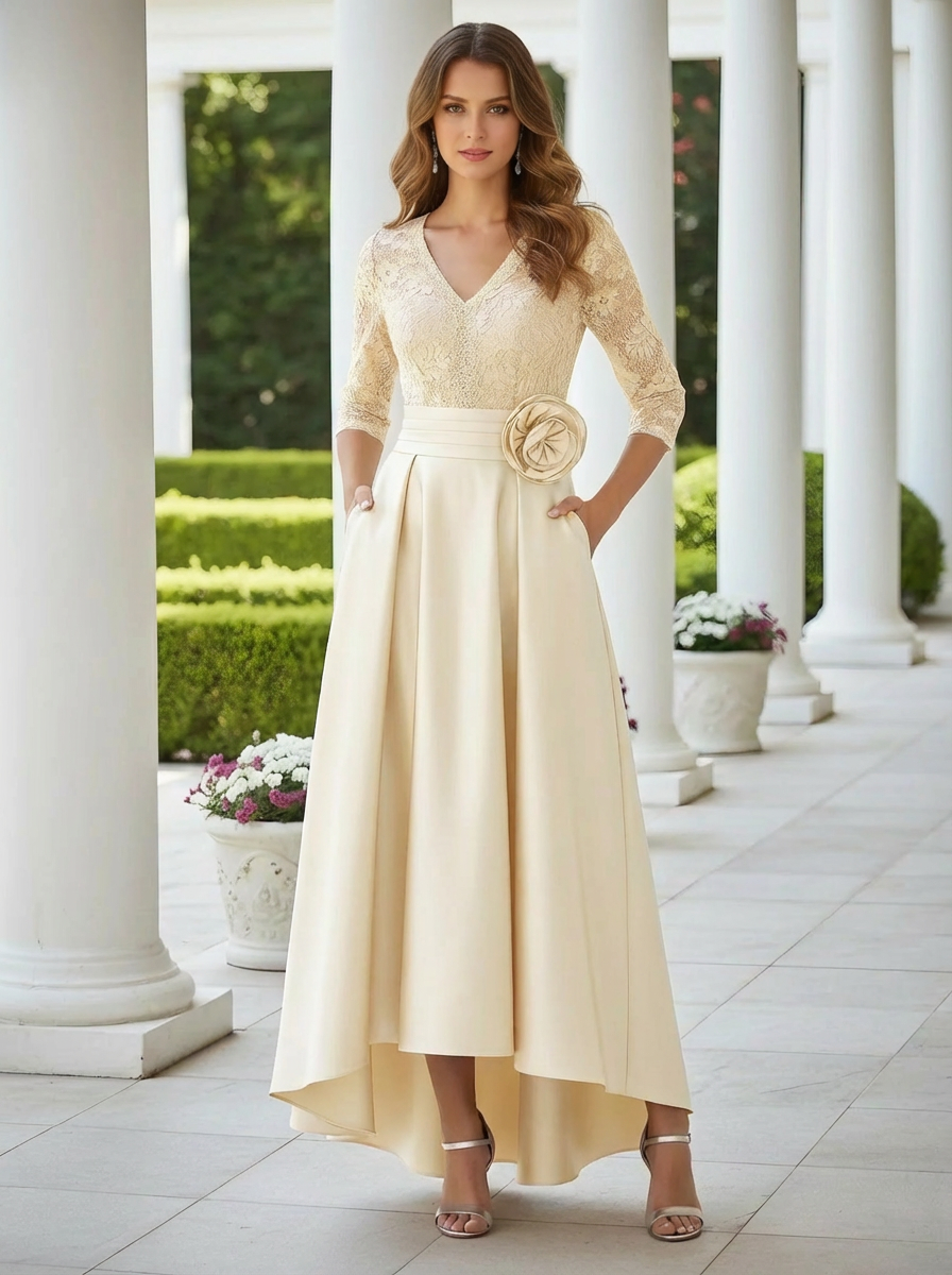 A-Line/Princess V-Neck Satin Mother of the Bride Dresses With Pocket 3/4 Sleeves Floral Asymmetrical Floor-Length Lace With 3D Flower, Light Champagne A-Line/Princess V-Neck Satin Mother of the Bride Dresses With Pocket 3/4 Sleeves Floral Asymmetrical Floor-Length Lace With 3D Flower, Light Champagne