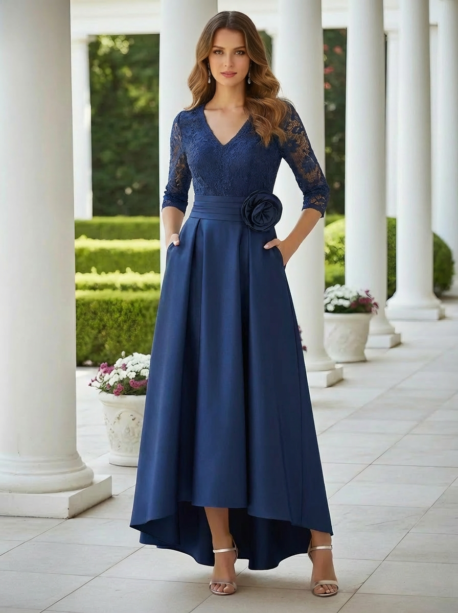 A-Line/Princess V-Neck Satin Mother of the Bride Dresses with Pocket 3/4 Sleeves Asymmetrical Floor-Length Lace With 3D Flower