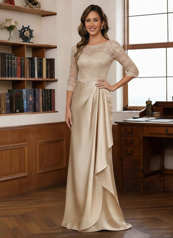 Sheath/Column Scoop Satin Mother of the Bride Dresses 3/4 Sleeves Floor-Length Lace Ruffles