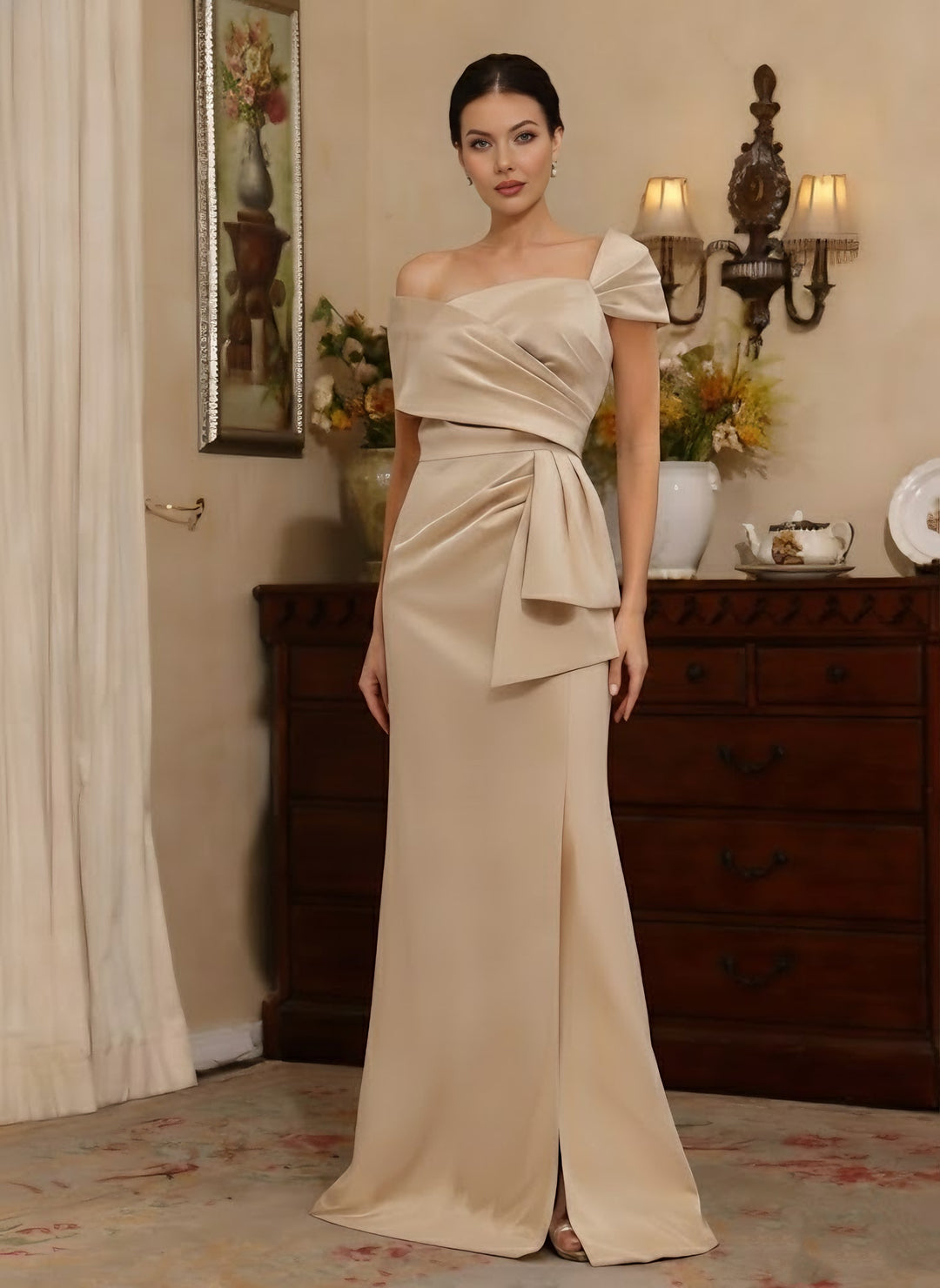 Sheath/Column Off-the-Shoulder Satin Mother of the Bride Dresses with Split Side Sleeveless Floor-Length Ruched