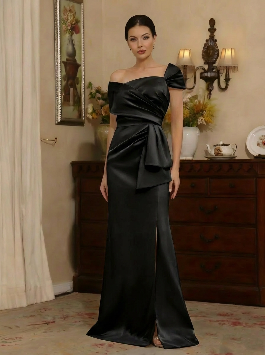 Sheath/Column Off-the-Shoulder Satin Mother of the Bride Dresses with Split Side Sleeveless Floor-Length Ruched