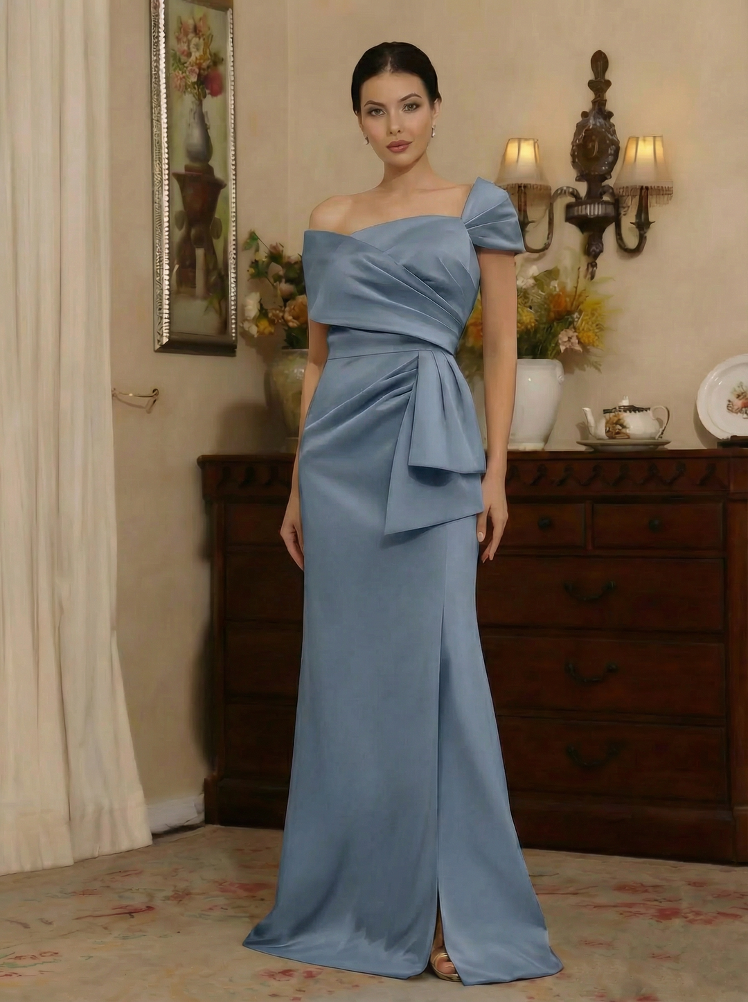 Sheath/Column Off-the-Shoulder Satin Mother of the Bride Dresses with Split Side Sleeveless Floor-Length Ruched