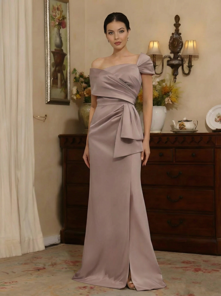 Sheath/Column Off-the-Shoulder Satin Mother of the Bride Dresses with Split Side Sleeveless Floor-Length Ruched