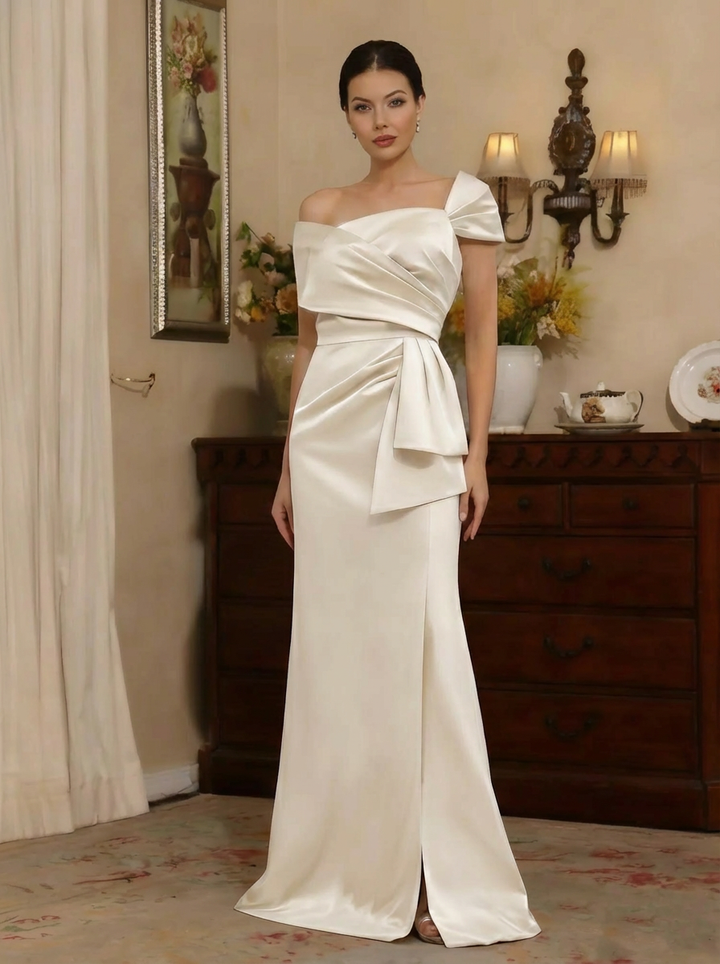 Sheath/Column Off-the-Shoulder Satin Mother of the Bride Dresses with Split Side Sleeveless Floor-Length Ruched