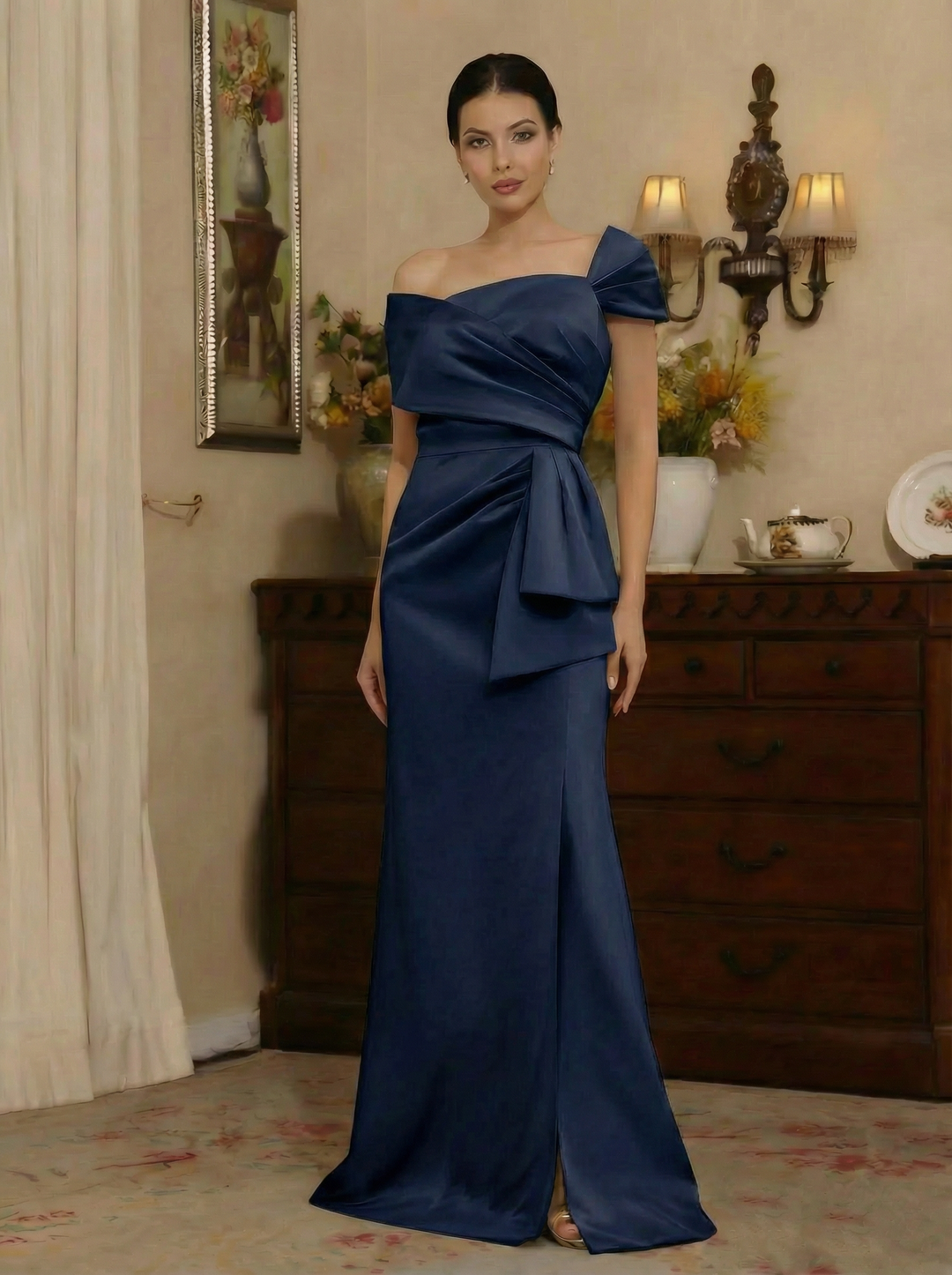 Sheath/Column Off-the-Shoulder Satin Mother of the Bride Dresses with Split Side Sleeveless Floor-Length Ruched