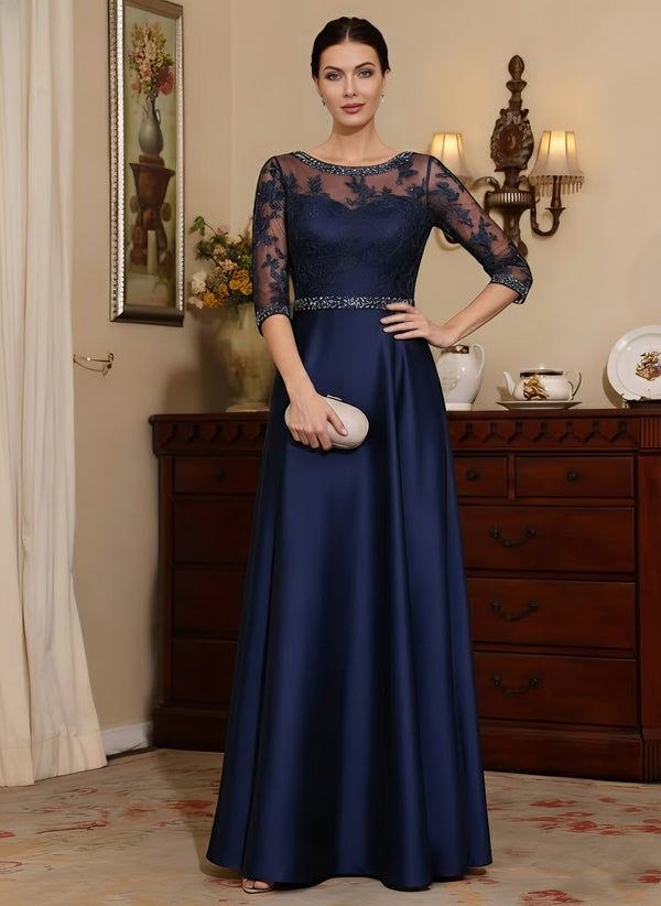 A-Line/Princess Scoop Satin Mother of the Bride Dresses 3/4 Sleeves Floor-Length Lace Beading Belt