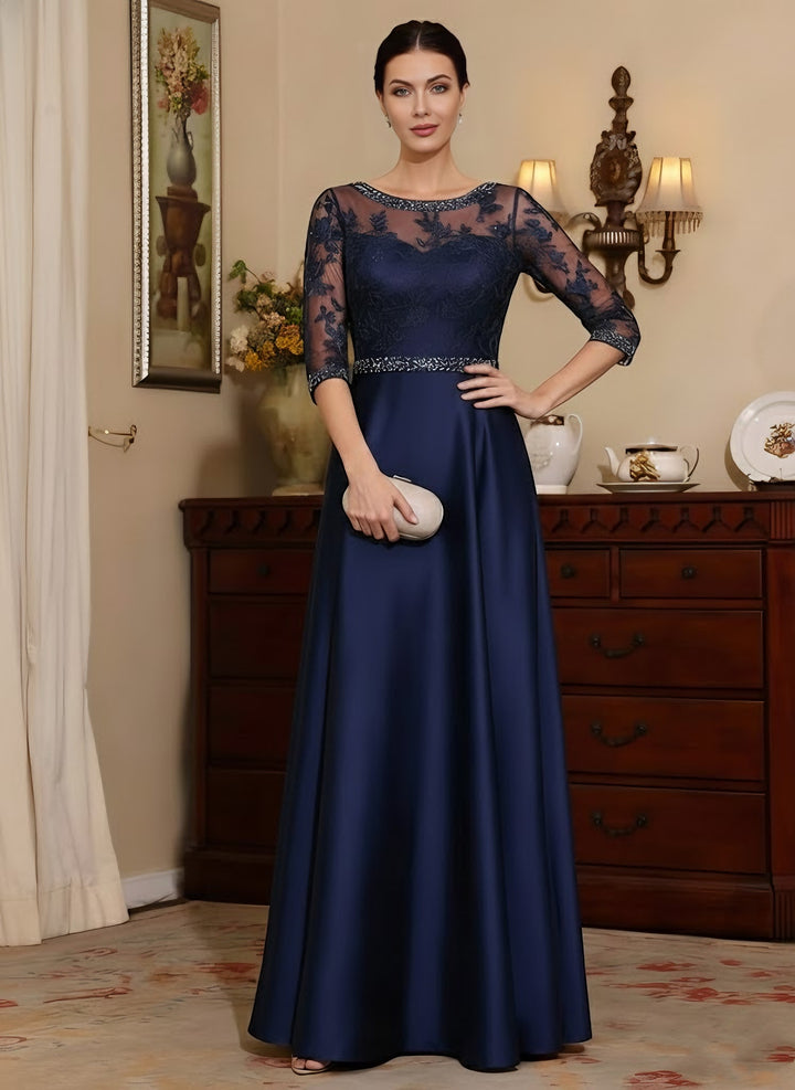 A-Line/Princess Scoop Satin Mother of the Bride Dresses 3/4 Sleeves Floor-Length Lace Beading Belt