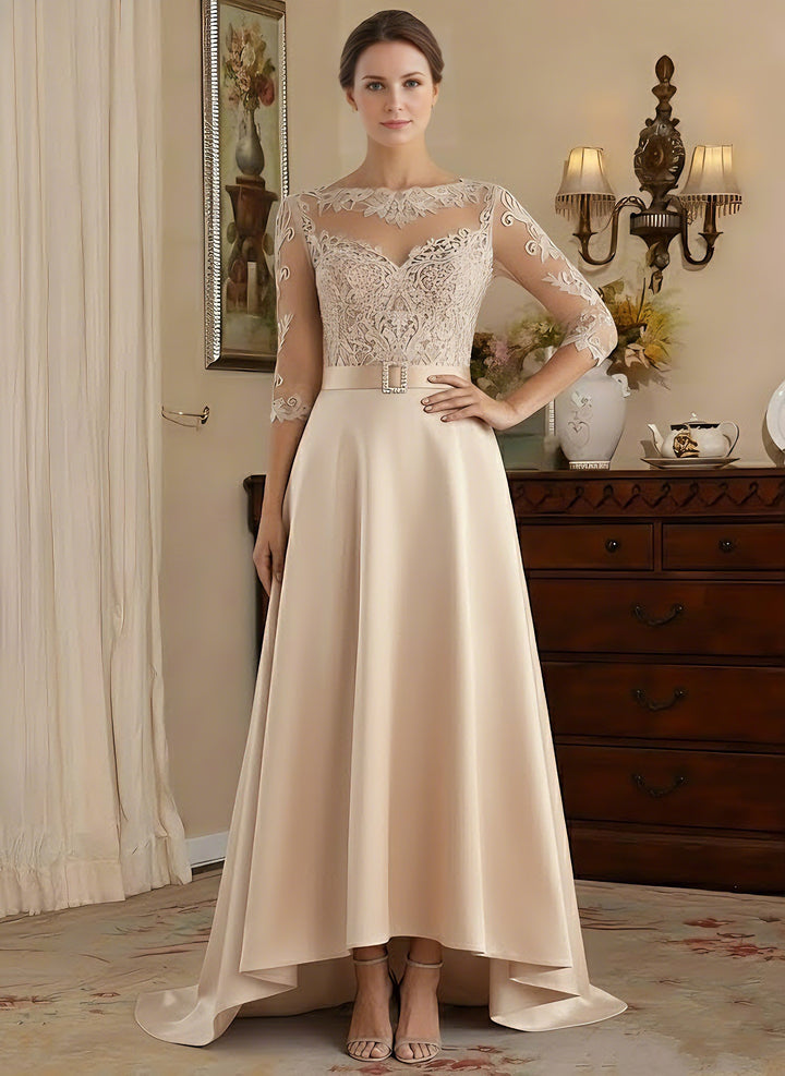 A-Line/Princess Scoop Satin Mother of the Bride Dresses 3/4 Sleeves Asymmetrical Floor-Length Illusion Lace Belt