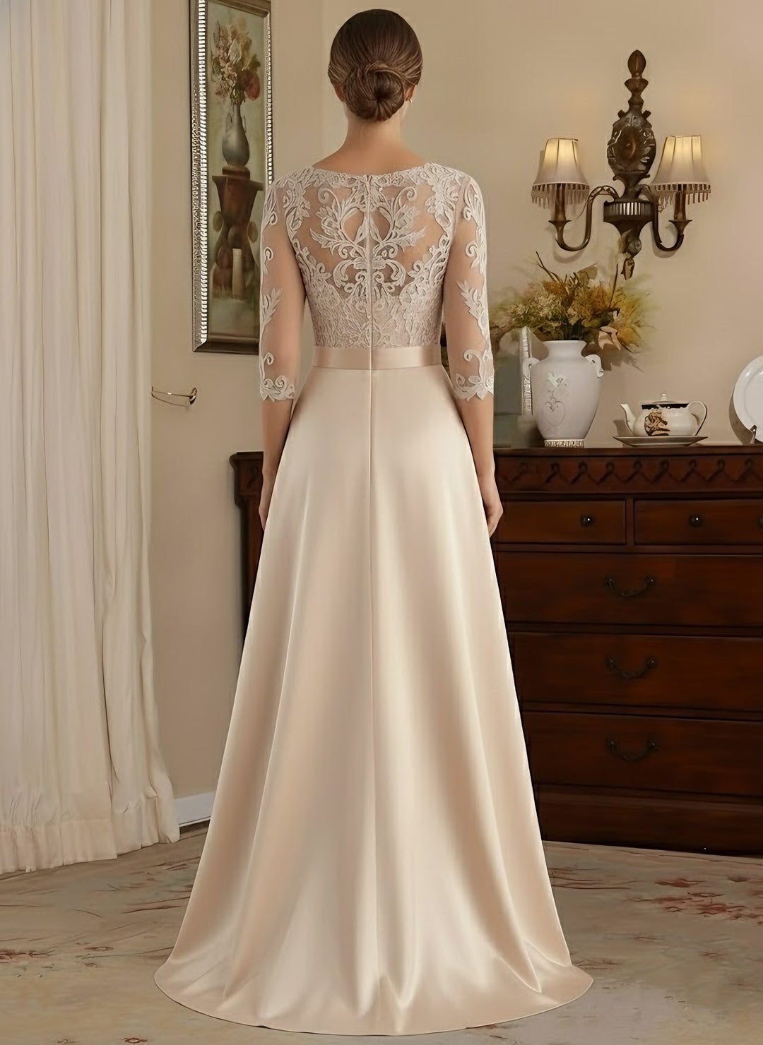 A-Line/Princess Scoop Satin Mother of the Bride Dresses 3/4 Sleeves Asymmetrical Floor-Length Illusion Lace Belt Black A-Line/Princess Scoop Satin Mother of the Bride Dresses 3/4 Sleeves Asymmetrical Floor-Length Illusion Lace Belt Black