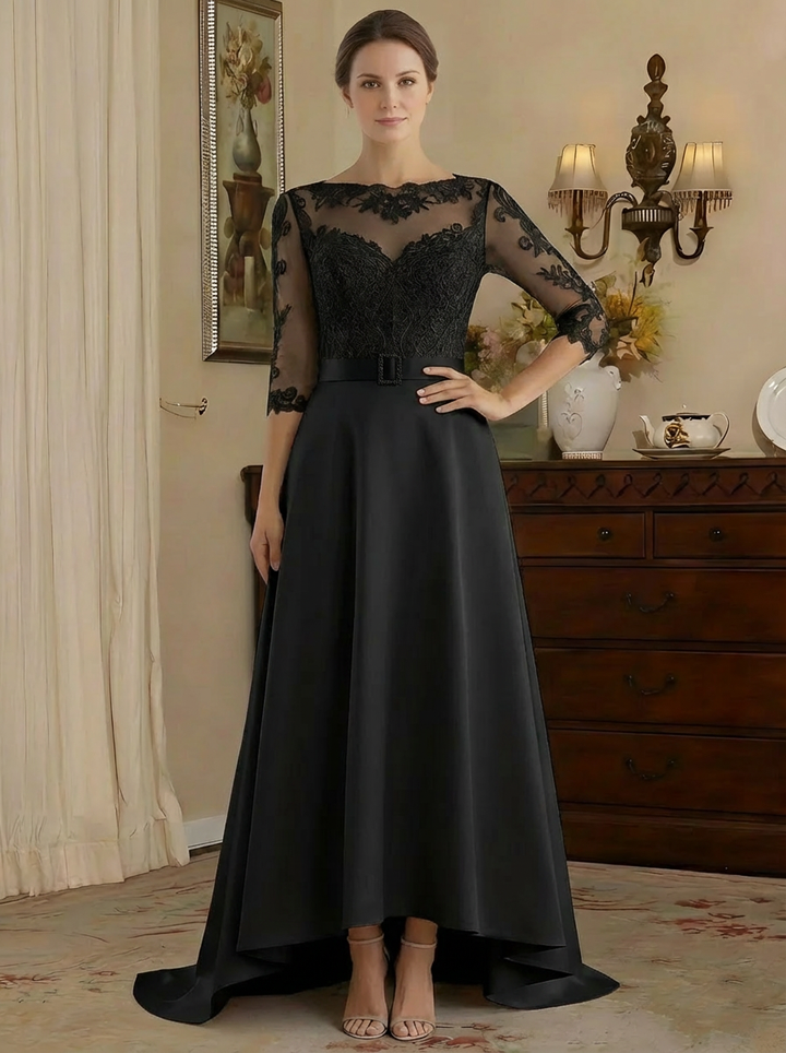 A-Line/Princess Scoop Satin Mother of the Bride Dresses 3/4 Sleeves Asymmetrical Floor-Length Illusion Lace Belt