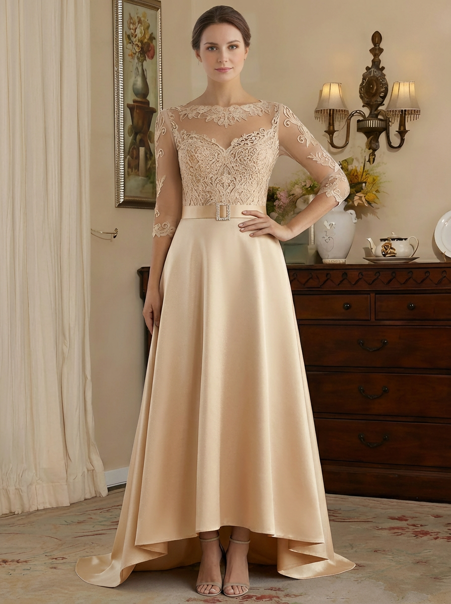 A-Line/Princess Scoop Satin Mother of the Bride Dresses 3/4 Sleeves Asymmetrical Floor-Length Illusion Lace Belt