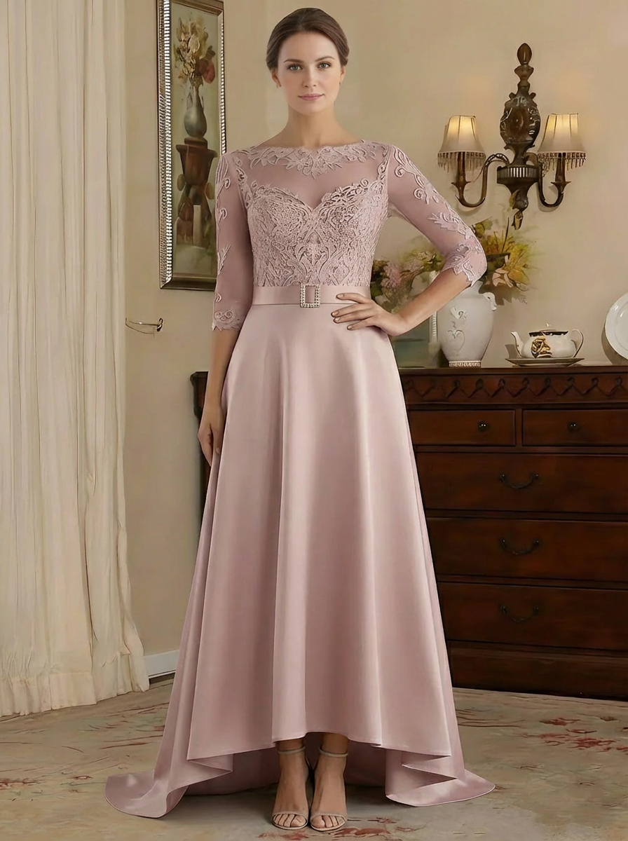A-Line/Princess Scoop Satin Mother of the Bride Dresses 3/4 Sleeves Asymmetrical Floor-Length Illusion Lace Belt