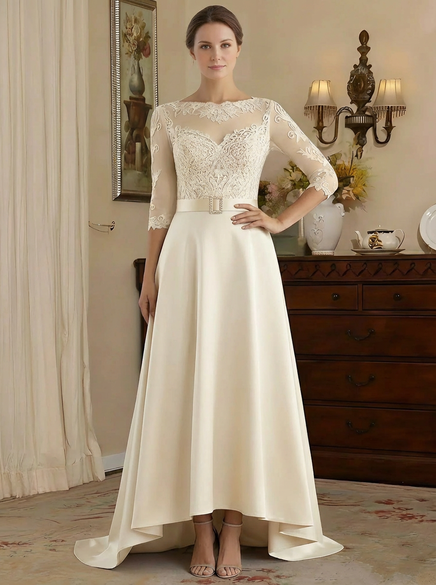 A-Line/Princess Scoop Satin Mother of the Bride Dresses 3/4 Sleeves Asymmetrical Floor-Length Illusion Lace Belt