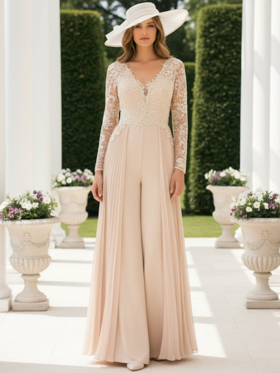 Chiffon V-Neck Floor-Length Mother of the Bride Jumpsuits Lace Long Sleeves