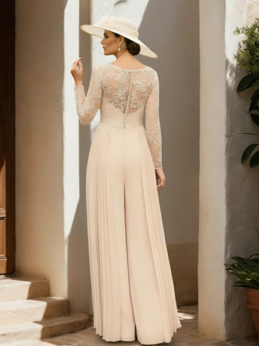 Chiffon V-Neck Floor-Length Mother of the Bride Jumpsuits Lace Long Sleeves