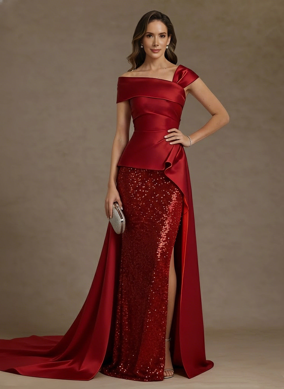 Sheath/Column Off-the-Shoulder Satin Mother of the Bride Dresses with Split Side Sequins Sleeveless Floor-Length Ruched, Red Sheath/Column Off-the-Shoulder Satin Mother of the Bride Dresses with Split Side Sequins Sleeveless Floor-Length Ruched, Red