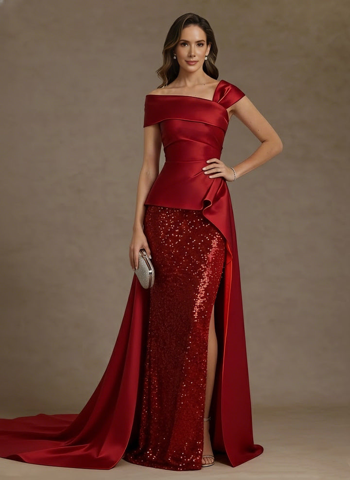 Sheath/Column Off-the-Shoulder Satin Mother of the Bride Dresses with Split Side Sequins Sleeveless Floor-Length Ruched