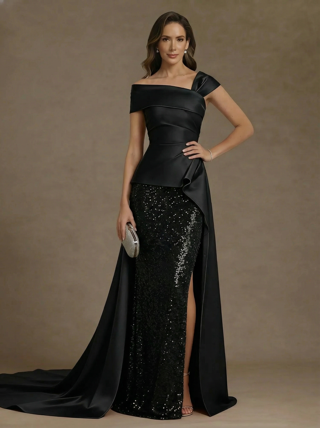 Sheath/Column Off-the-Shoulder Satin Mother of the Bride Dresses with Split Side Sequins Sleeveless Floor-Length Ruched