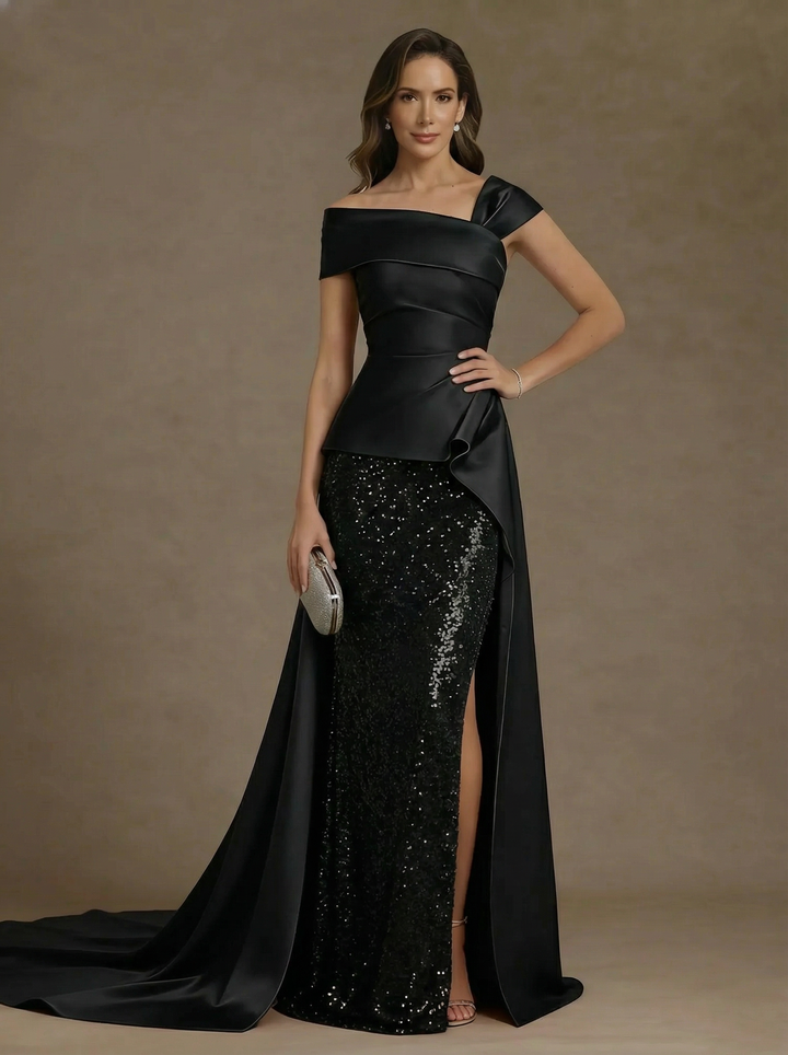 Sheath/Column Off-the-Shoulder Satin Mother of the Bride Dresses with Split Side Sequins Sleeveless Floor-Length Ruched