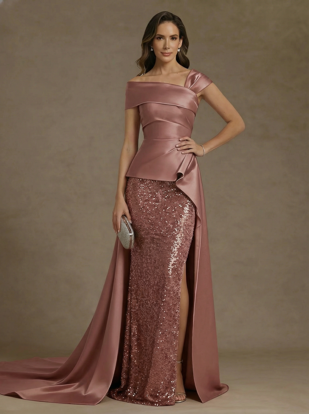 Sheath/Column Off-the-Shoulder Satin Mother of the Bride Dresses with Split Side Sequins Sleeveless Floor-Length Ruched
