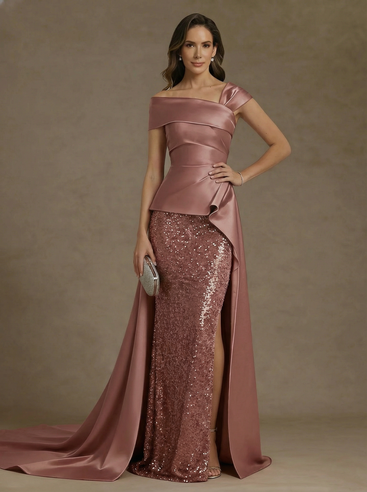 Sheath/Column Off-the-Shoulder Satin Mother of the Bride Dresses with Split Side Sequins Sleeveless Floor-Length Ruched