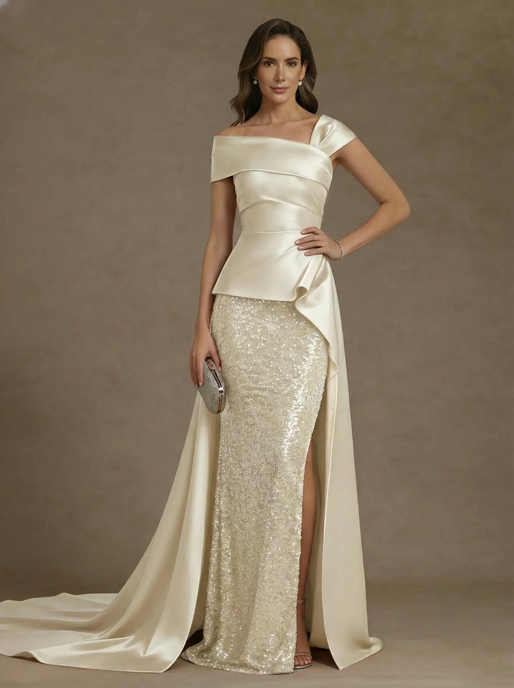 Sheath/Column Off-the-Shoulder Satin Mother of the Bride Dresses with Split Side Sequins Sleeveless Floor-Length Ruched